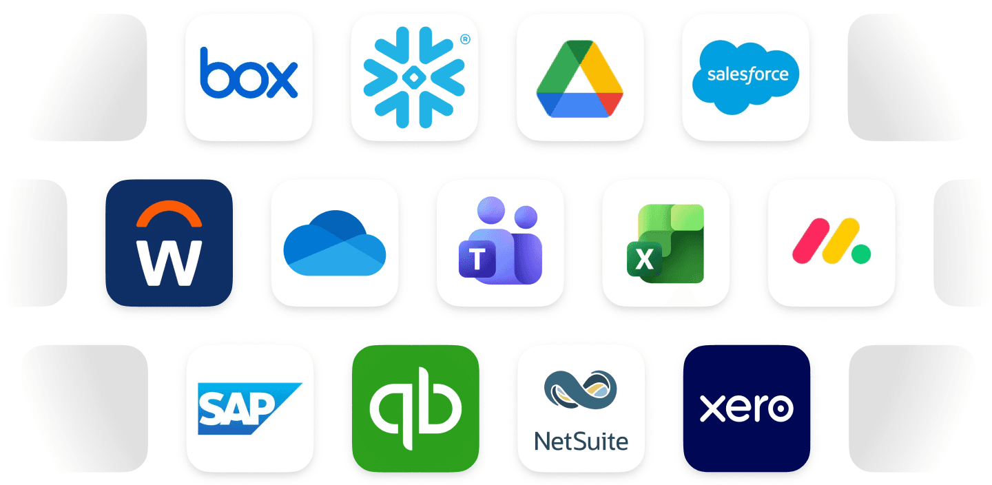 Box, Snowflake, Google Drive, Salesforce, Workday, OneDrive, Microsoft Teams, Excel, Monday.com, SAP, QuickBooks, NetSuite, Xero